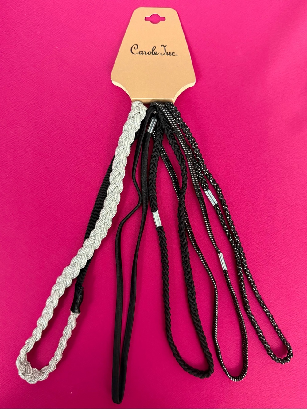Black & Metallic Silver (Set of 5)Mixed Boho Braided & Straight Headbands NWT